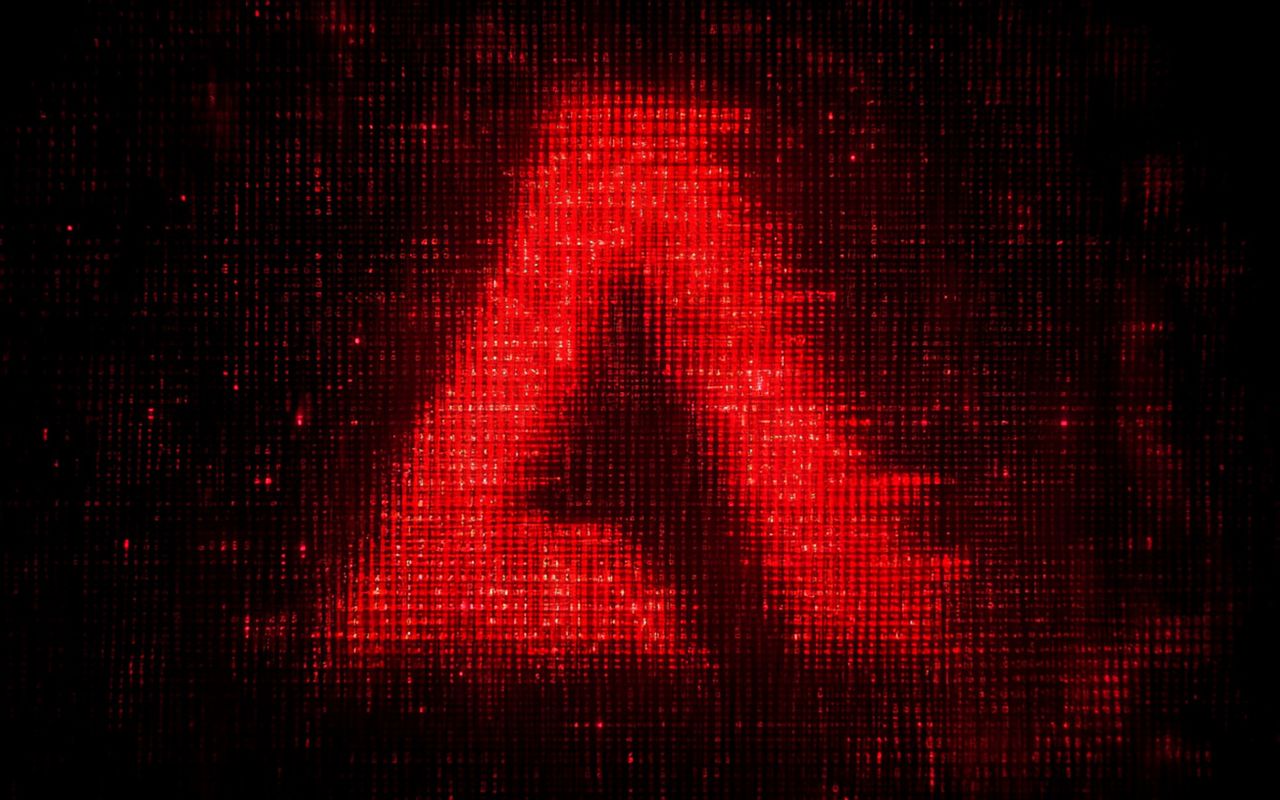 Red Adobe mark made of glowing dots on a black background