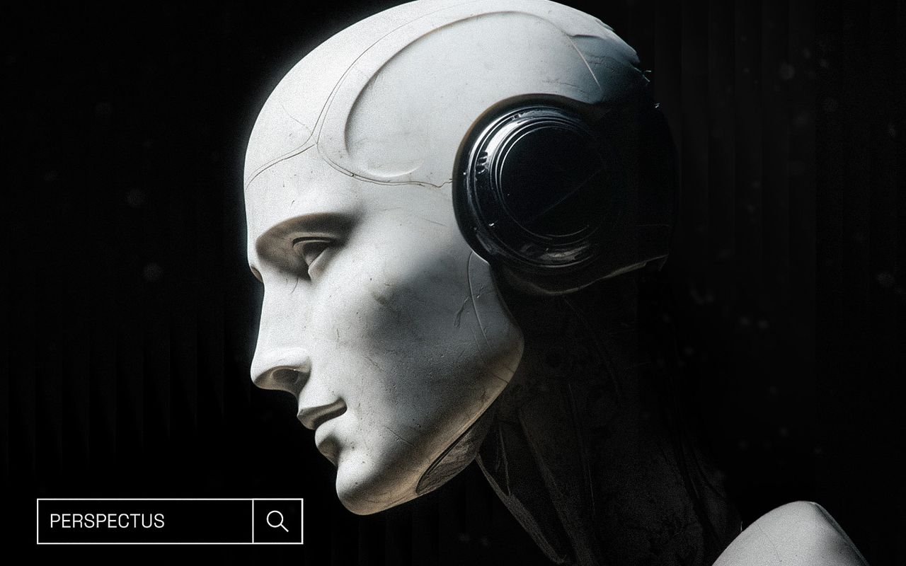 White sculpted head wearing a black headset beside a search field labeled Perspectus
