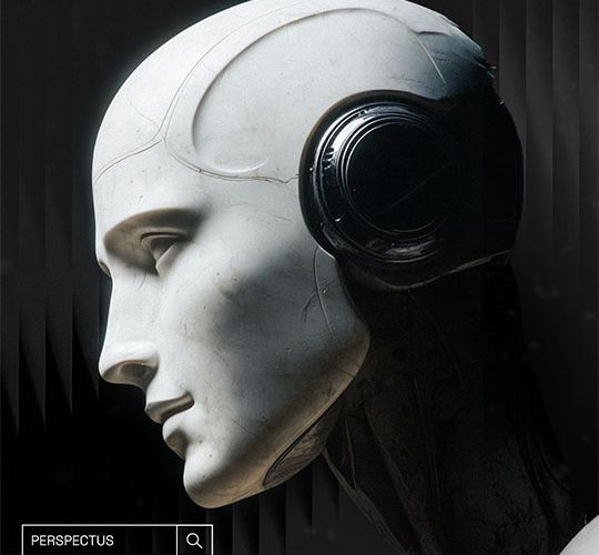 White sculpted head wearing a black headset beside a search field labeled Perspectus