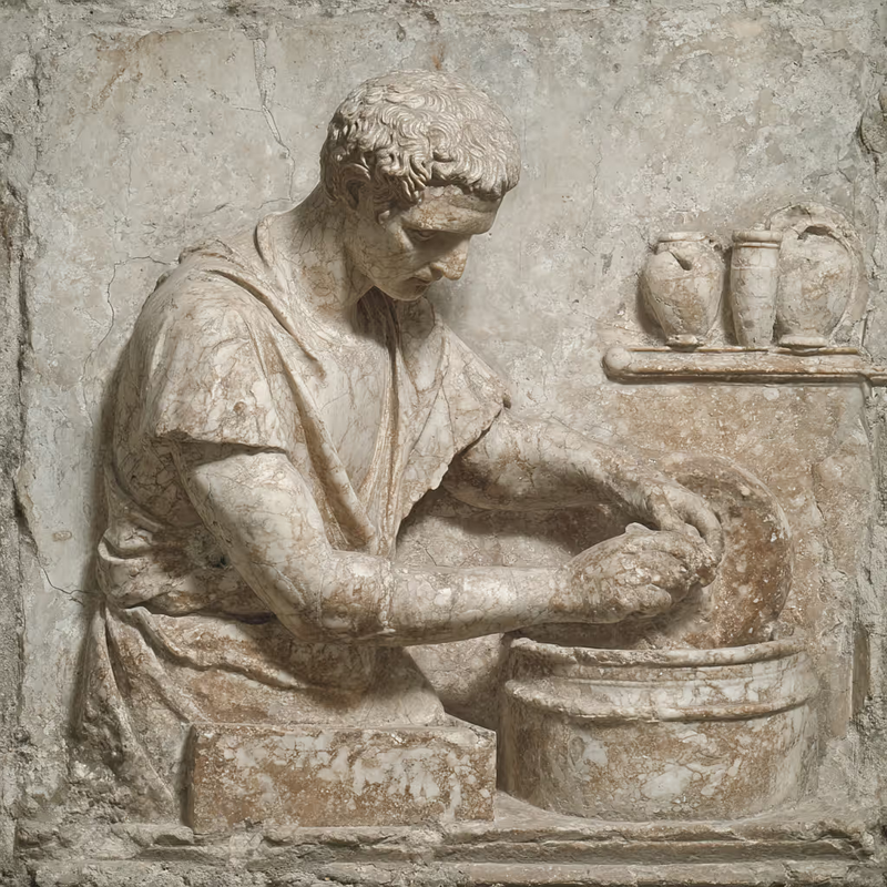 Marble relief of a Roman craftsman working beside ceramic jars