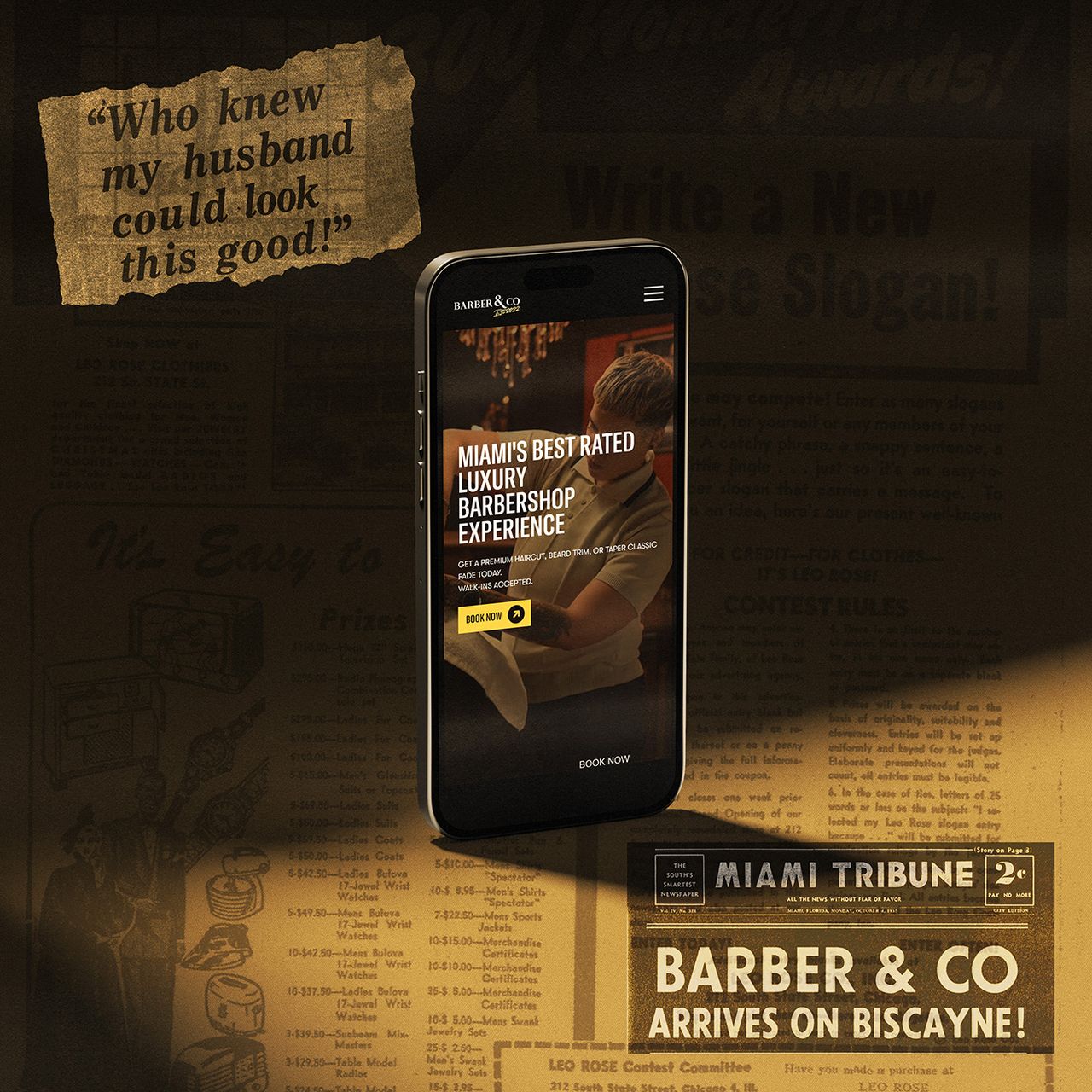Phone showing the Barber & Co Miami homepage over a vintage newspaper advertisement