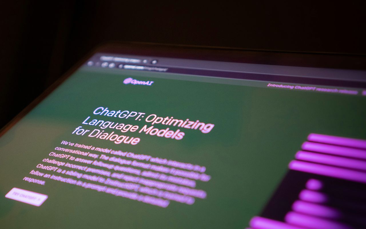Close-up of a screen reading ChatGPT: Optimizing Language Models for Dialogue