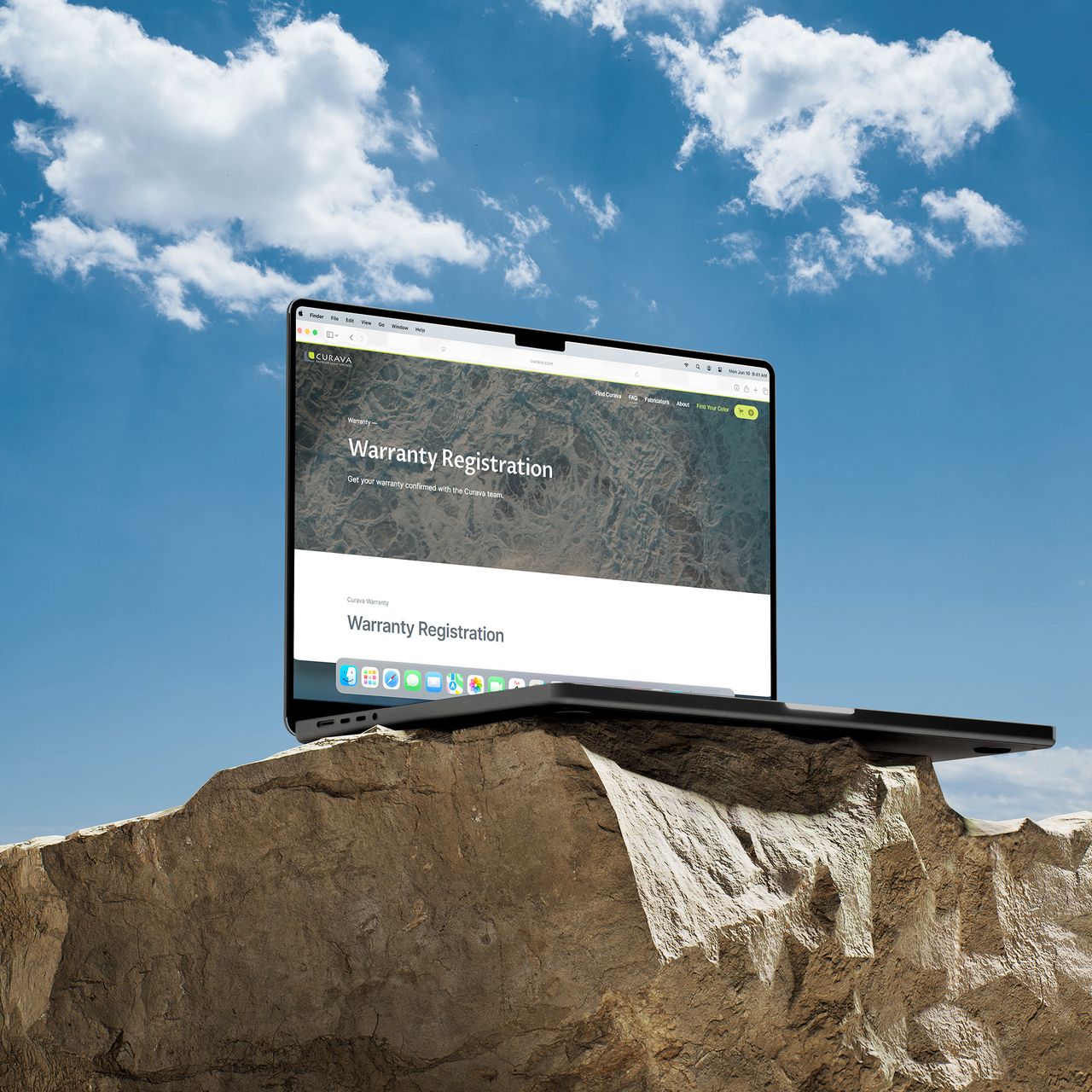 Laptop on a rock under a blue sky showing the Curava warranty registration page