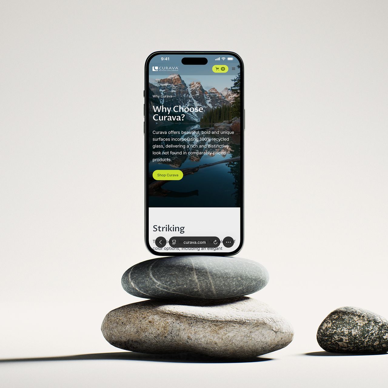 Phone balanced on stacked stones showing Why Choose Curava