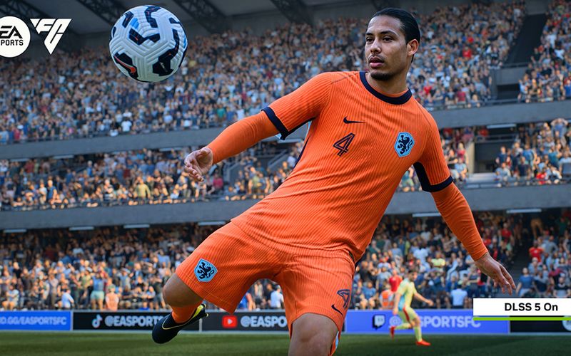 Soccer player in an orange kit, labeled DLSS 5 On