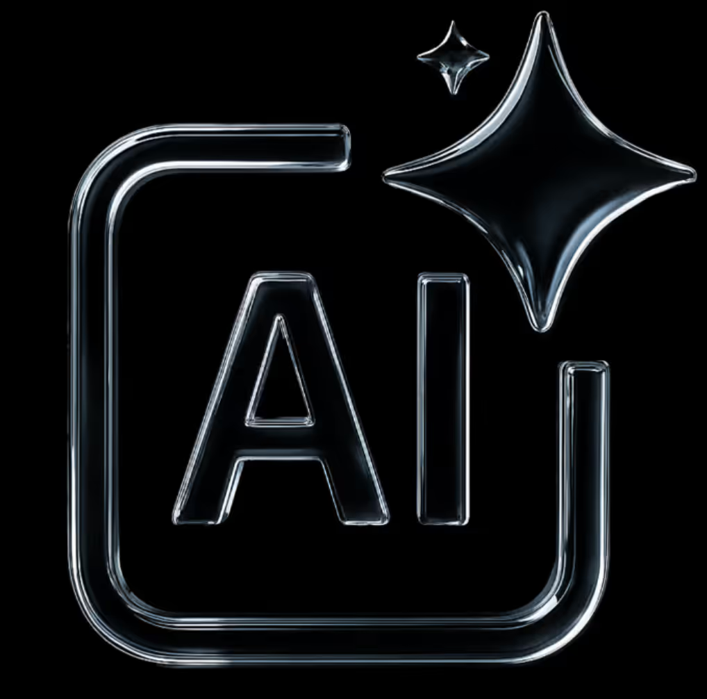 Shiny translucent icon with the letters 'AI' surrounded by a rounded square and two sparkles on a black background.