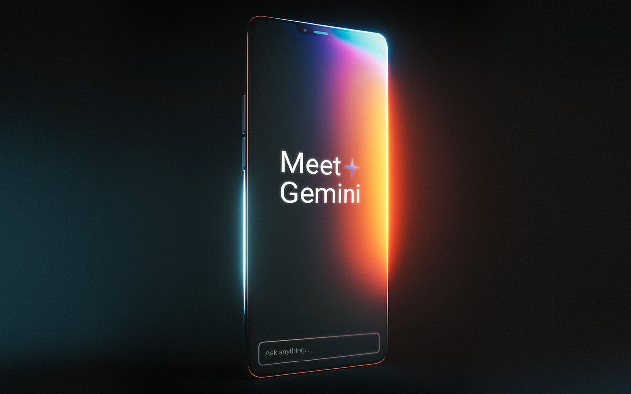 Phone screen reading Meet Gemini against a blue and orange glow