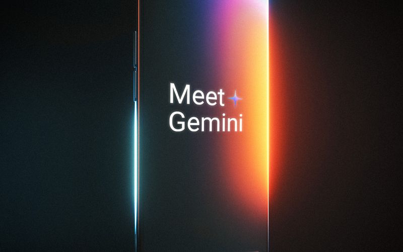 Phone screen reading Meet Gemini against a blue and orange glow