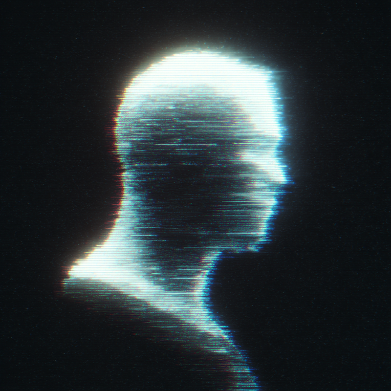 Glitch-lit silhouette of a human head in profile