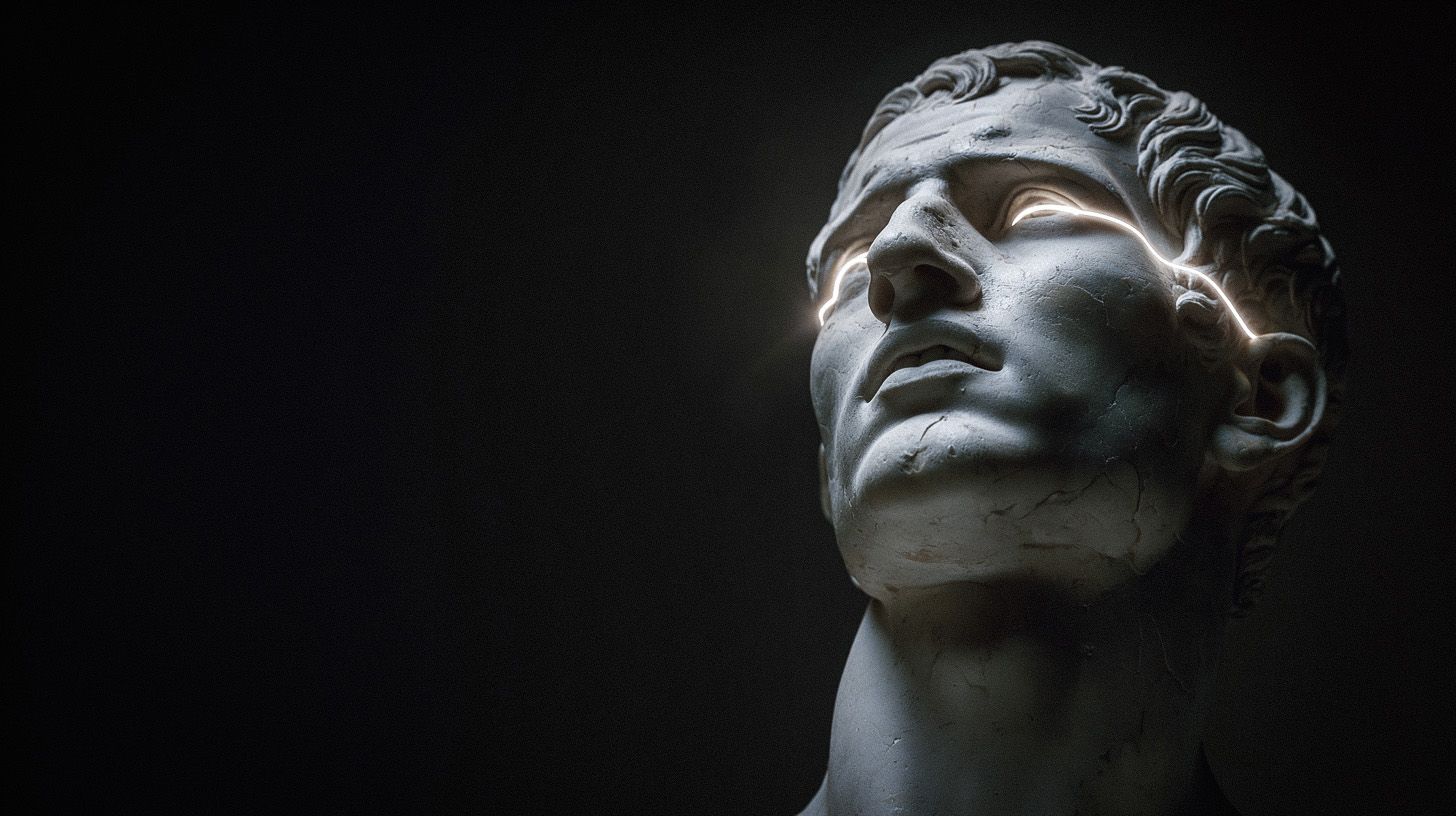 Close-up of a cracked classical marble statue head with a hollow eye socket revealing a dark, circuit-like interior.