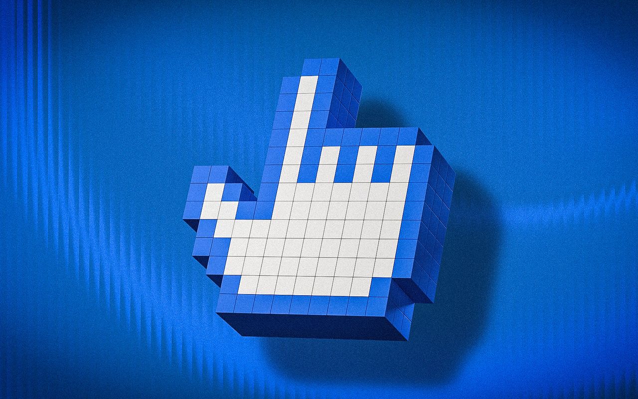 Pixelated hand cursor on a blue background