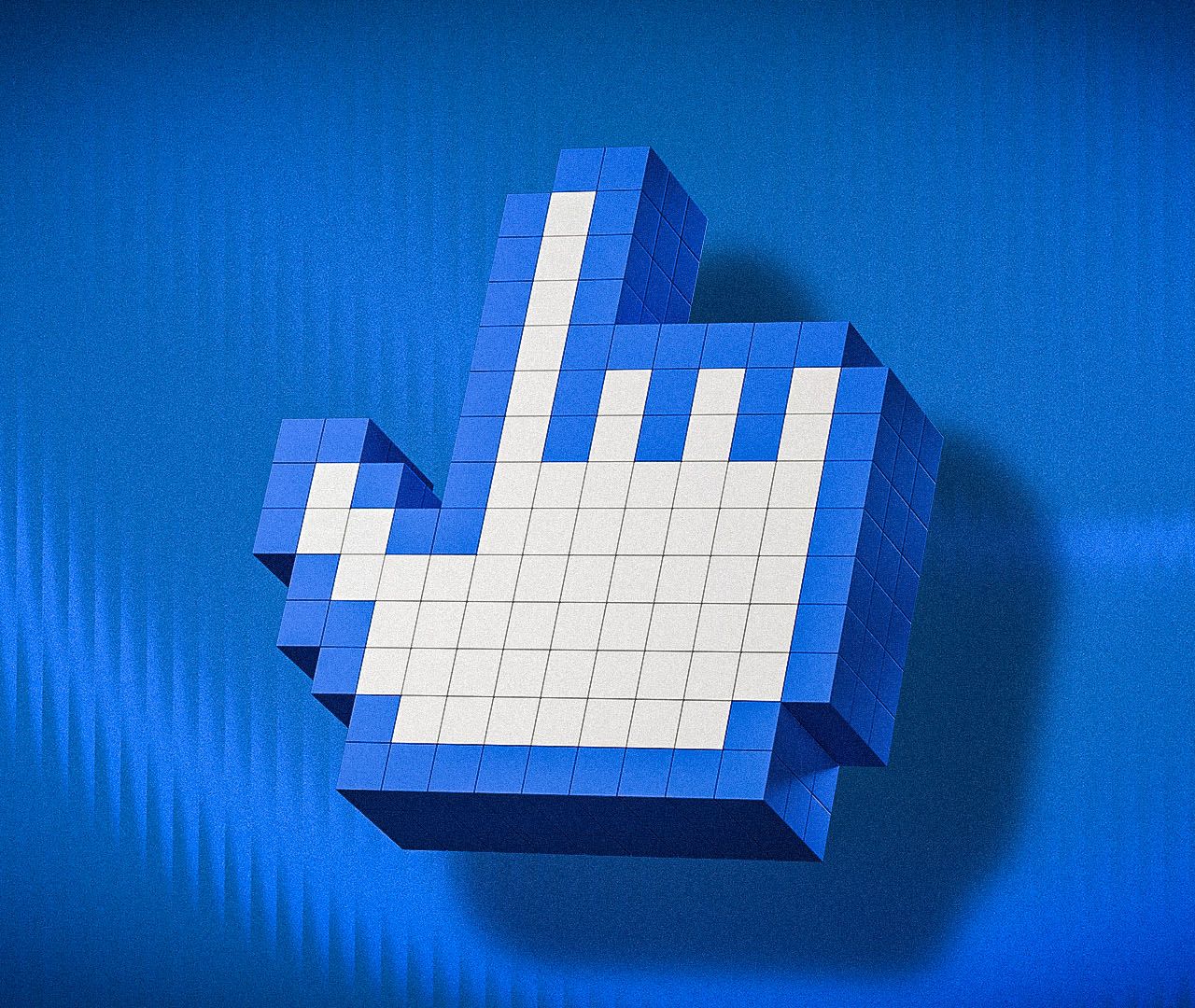 Pixelated hand cursor on a blue background