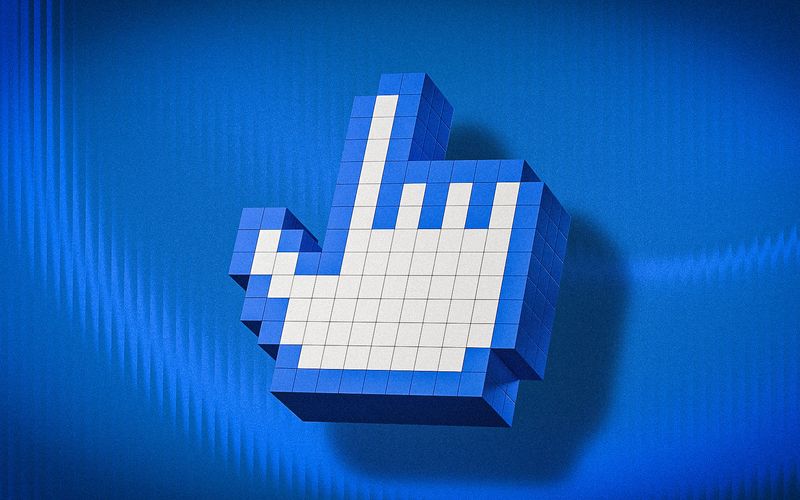 Pixelated hand cursor on a blue background