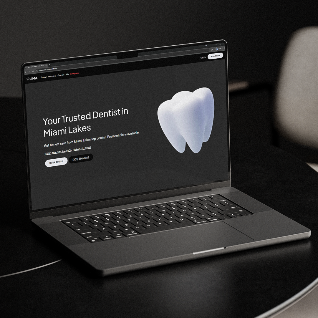 Laptop showing the Lima Dental homepage, Your Trusted Dentist in Miami Lakes