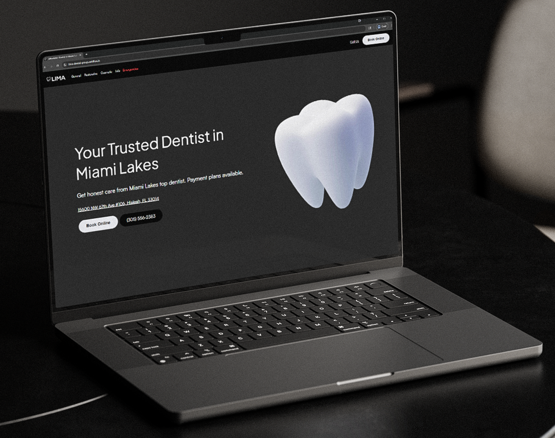 Laptop showing the Lima Dental homepage, Your Trusted Dentist in Miami Lakes