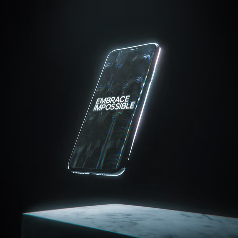 Phone floating above a stone block, the screen reading Embrace Impossible
