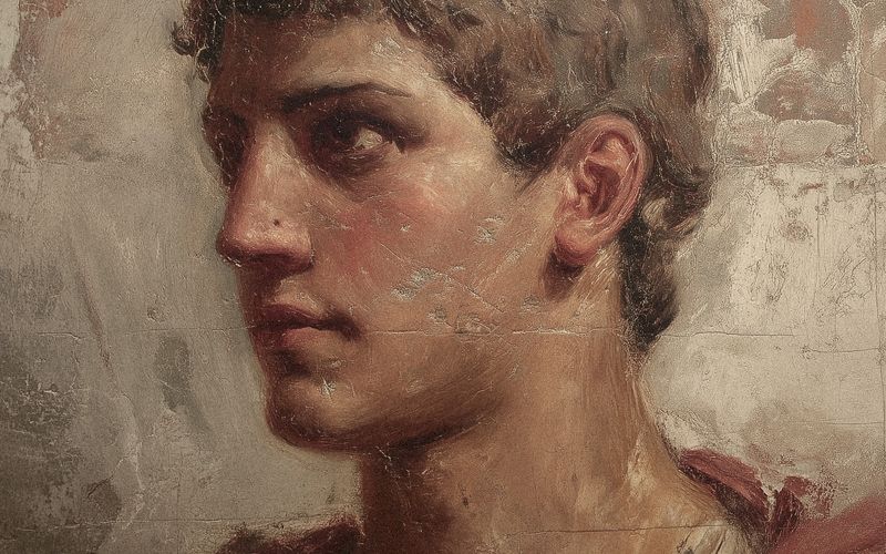 Painted profile of a young Roman man in a red cloak